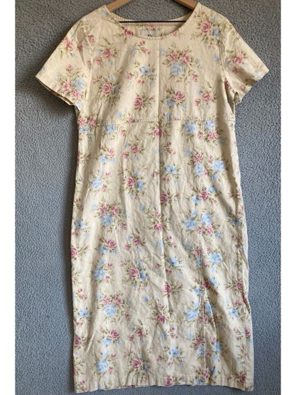 Floral Midi Dress in Cream with Pink & Blue Roses